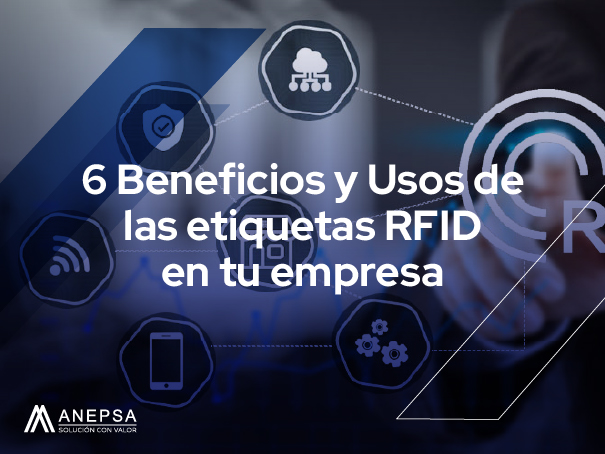 photograph with the text "6 Benefits and Uses of RFID tags in your company" and several graphics related to RFID technology