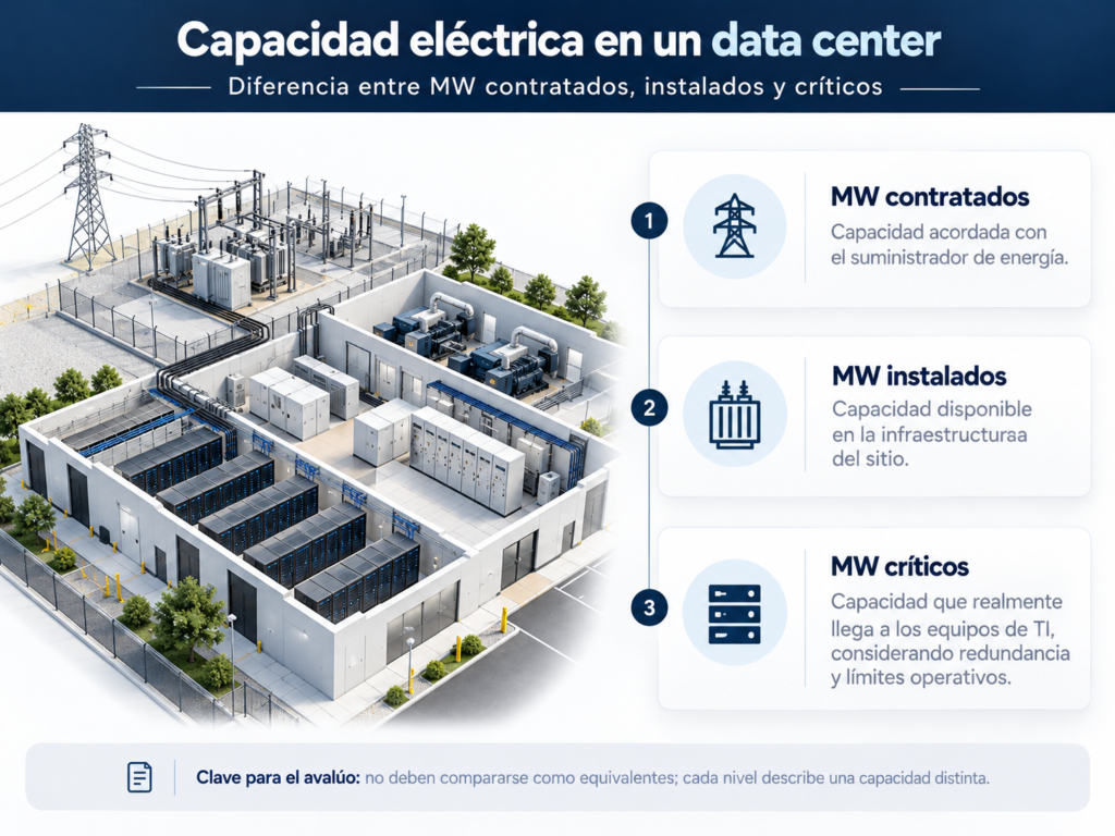 Differences between contracted, installed and critical MW of a data center and their relevance to determining operational capacity.