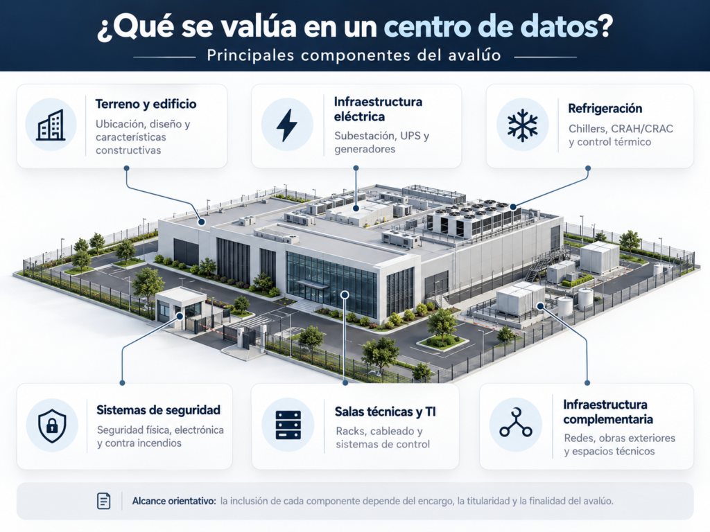 Components of a data center appraisal: land, building, electrical infrastructure, cooling, security, and technical rooms.